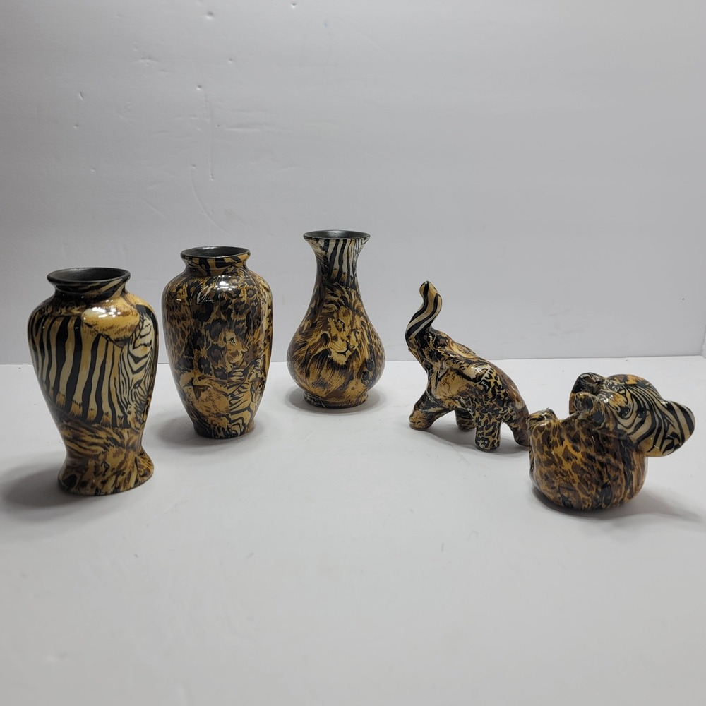 Safari Animal Print Decor Set 5pc Mixed Tiger Zebra Leopard Vases & Figurines